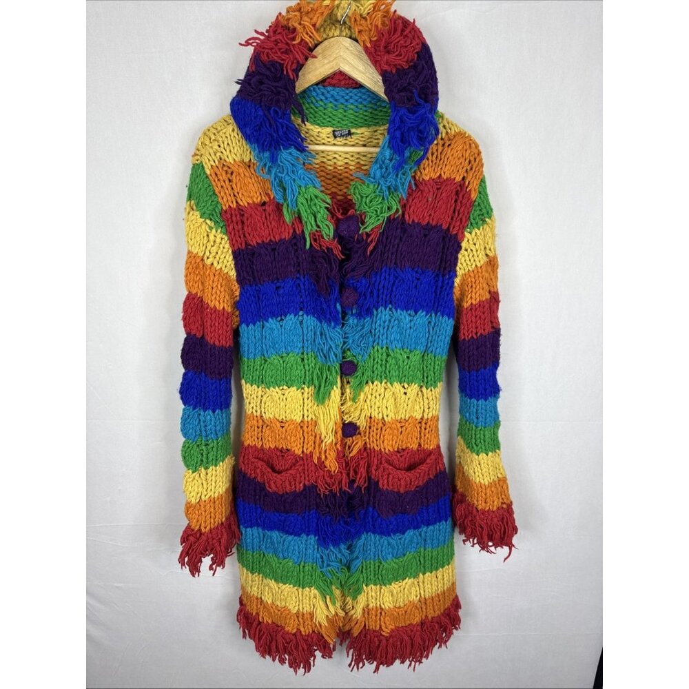 Sherpa Rainbow Chunky Knit Hooded Cardigan Fringe‎ Boho Sweater Women’s S
